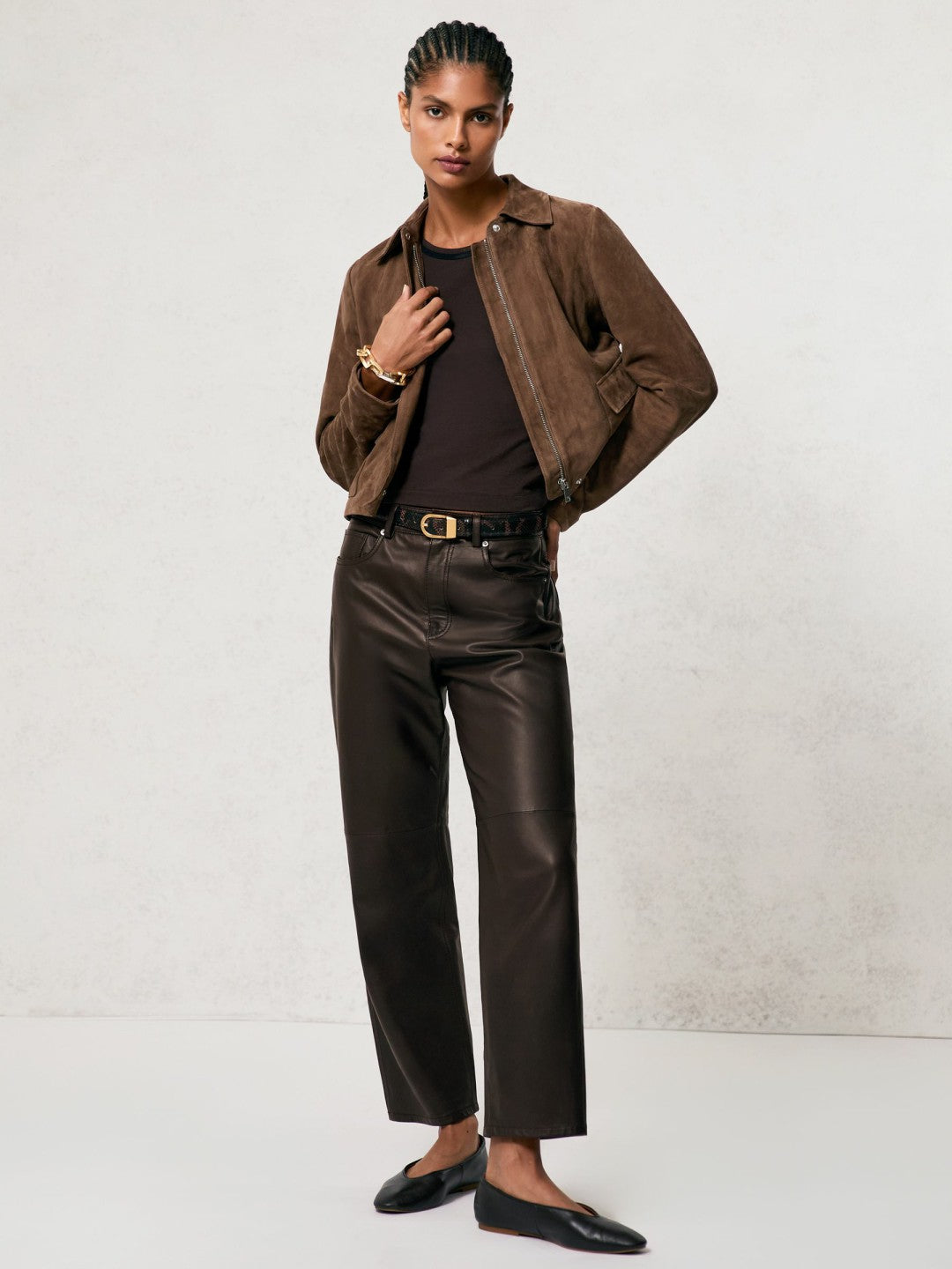 Leather Slim-Leg Trousers Chocolate | Womens