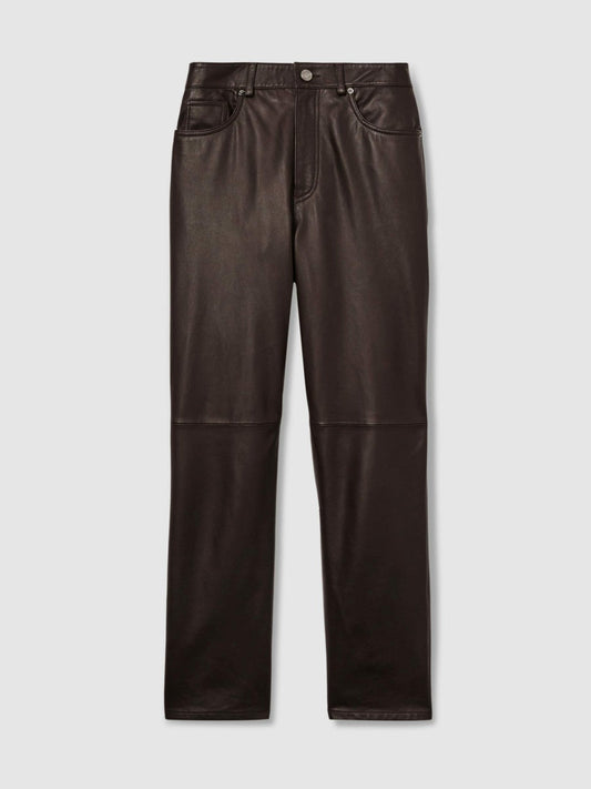 Leather Slim-Leg Trousers Chocolate | Womens