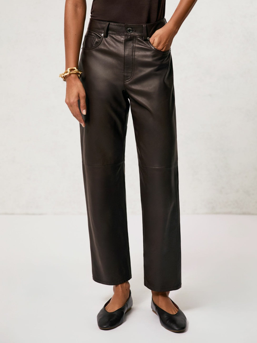 Leather Slim-Leg Trousers Chocolate | Womens