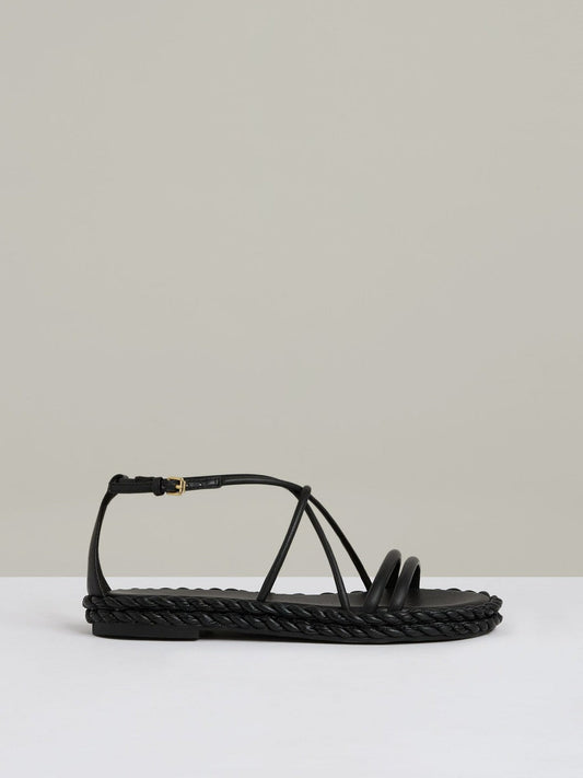 Leather Braided Flat Sandals Black | Womens