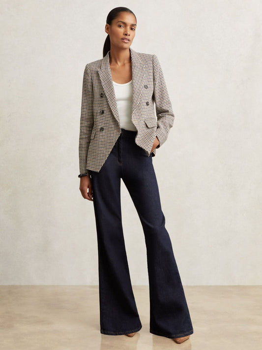 Petite Cotton-Linen Double-Breasted Houndstooth-Check Blazer Navy Neutral Check | Womens