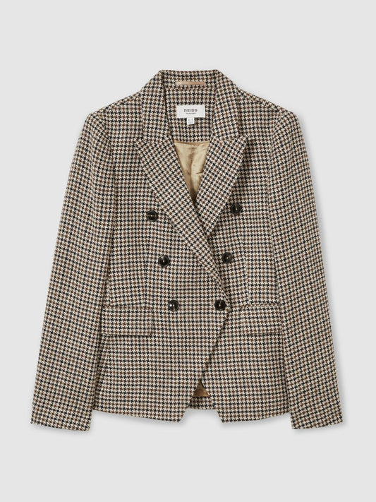 Petite Cotton-Linen Double-Breasted Houndstooth-Check Blazer Navy Neutral Check | Womens