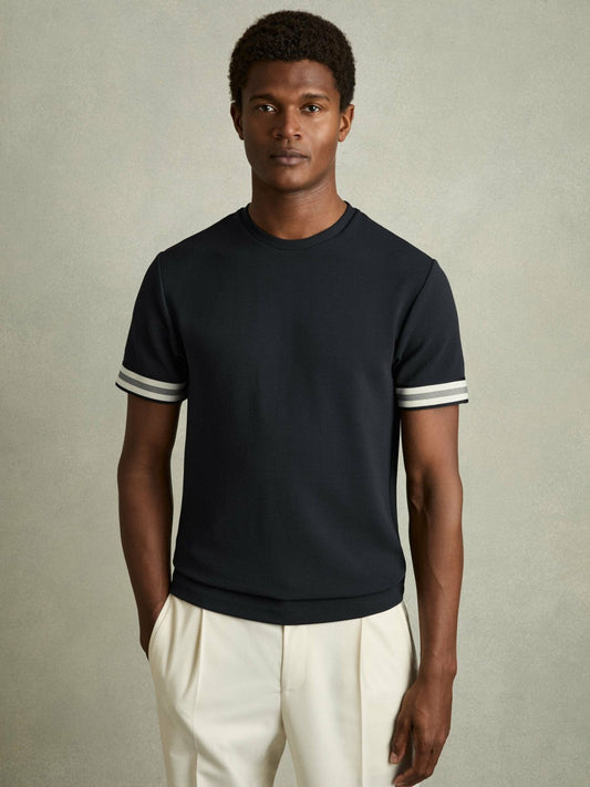 Tape-Cuff Textured T-Shirt Navy | Mens