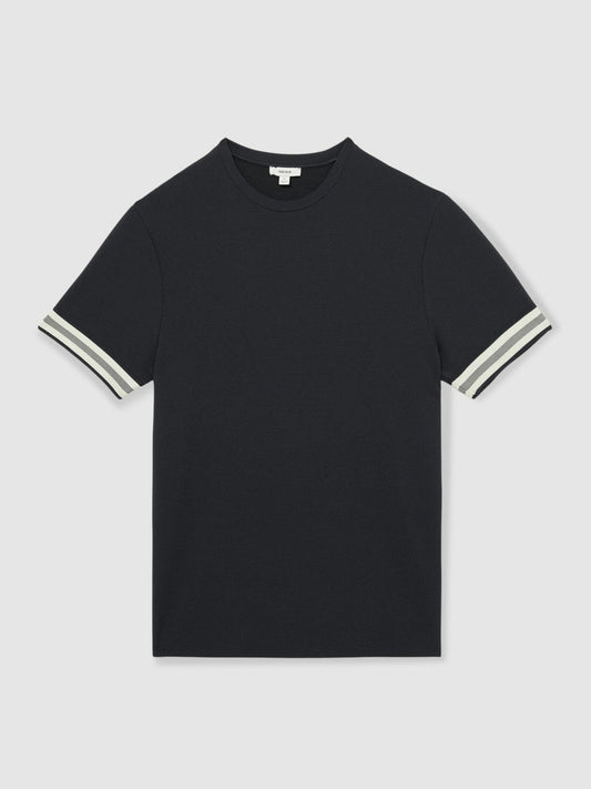 Tape-Cuff Textured T-Shirt Navy | Mens