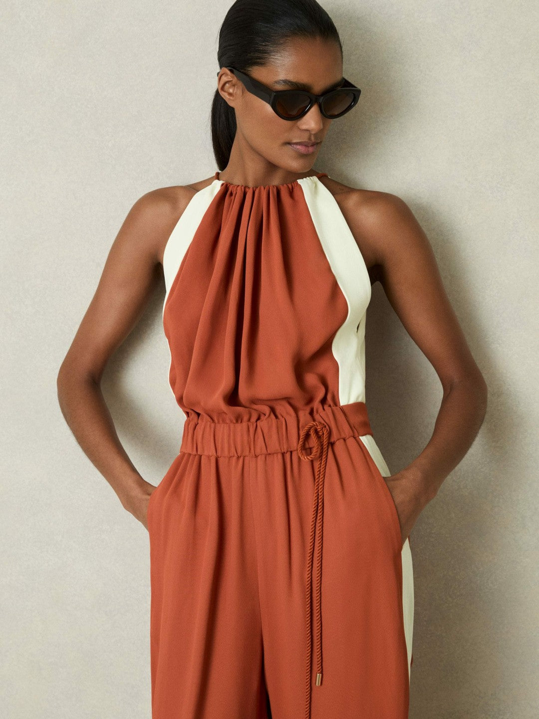 Colour-Block Rope-Cord Jumpsuit Orange | Womens