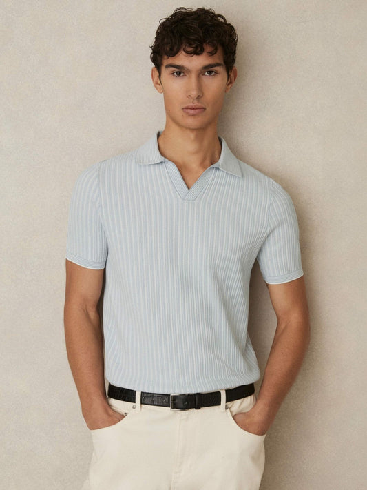 Open-Collar Textured Polo Shirt Soft Blue/White | Mens