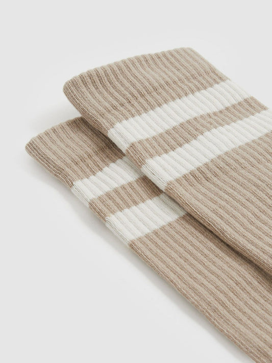Cotton-Blend Double-Stripe Socks Taupe/Ecru | Mens