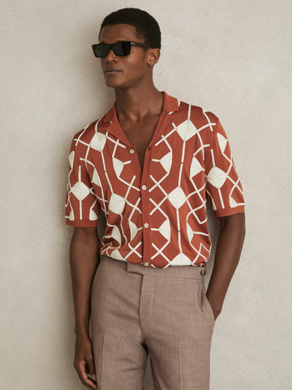 Geometric Embroidery Knit Shirt Paprika Red | Mens