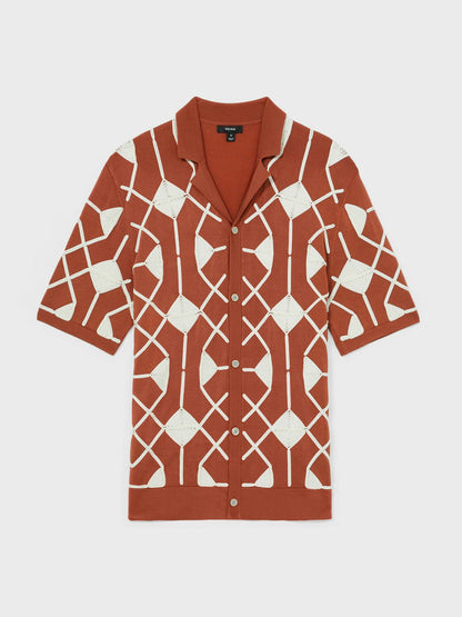 Geometric Embroidery Knit Shirt Paprika Red | Mens