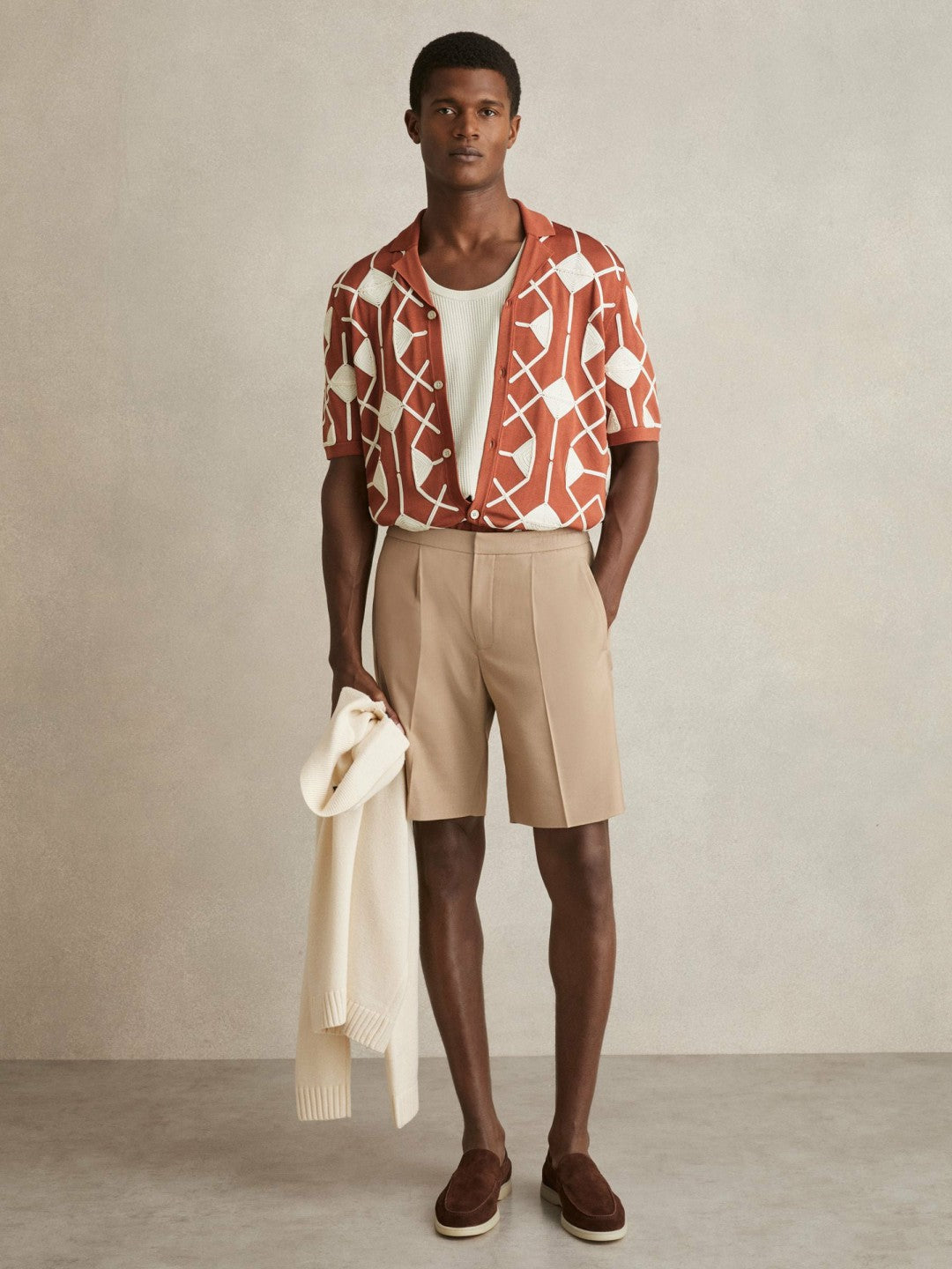 Geometric Embroidery Knit Shirt Paprika Red | Mens