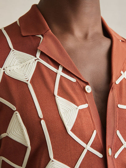 Geometric Embroidery Knit Shirt Paprika Red | Mens