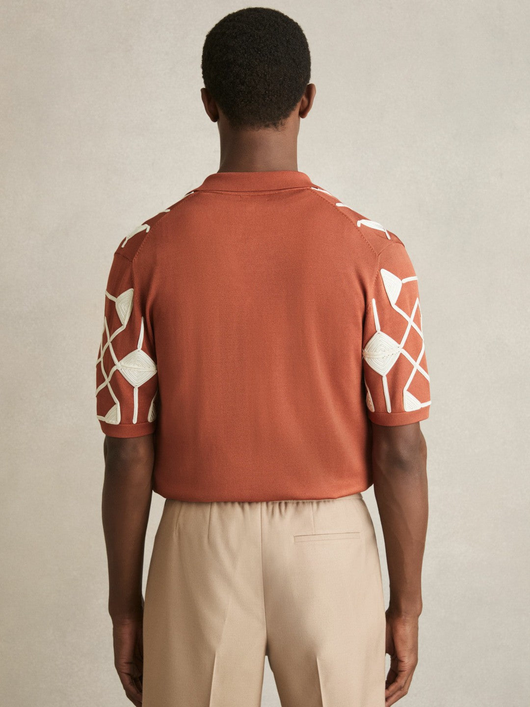 Geometric Embroidery Knit Shirt Paprika Red | Mens
