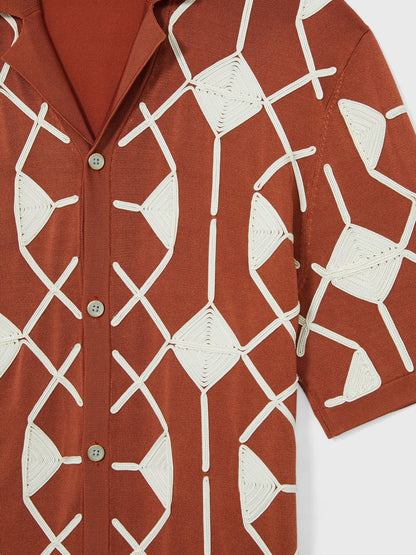 Geometric Embroidery Knit Shirt Paprika Red | Mens