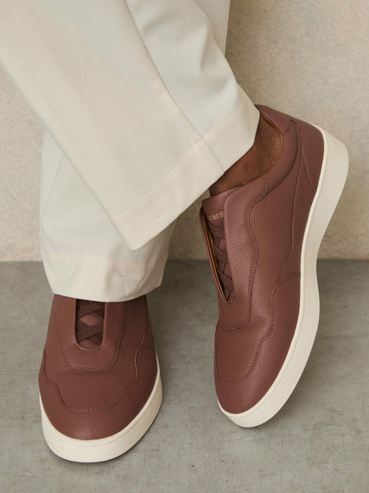 Leather Elasticated-Lace Trainers Terracotta Brown | Mens