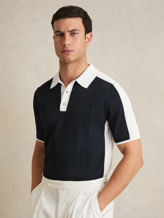 Colour-Block Knit Polo Shirt Navy/White | Mens