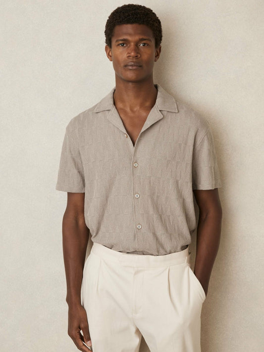 Cotton Textured Cuban-Collar Shirt Mink Brown | Mens