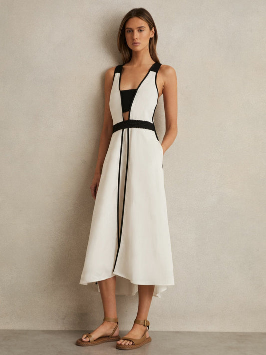 Contrast Trim Flared Midi Dress With Linen Ivory/Black | Womens
