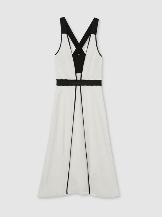 Contrast Trim Flared Midi Dress With Linen Ivory/Black | Womens