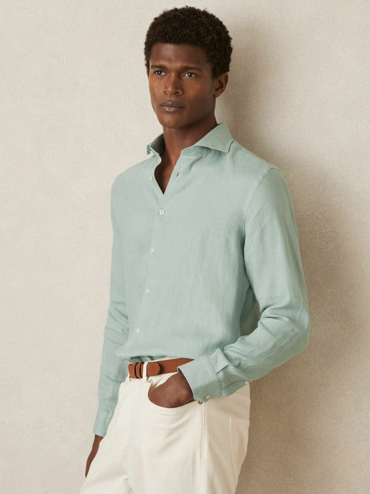 Linen Button-Through Shirt Ocean Green | Mens