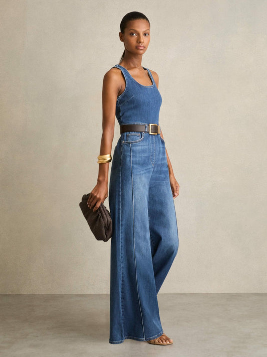 Wide-Leg Racer-Back Denim Jumpsuit Indigo | Womens