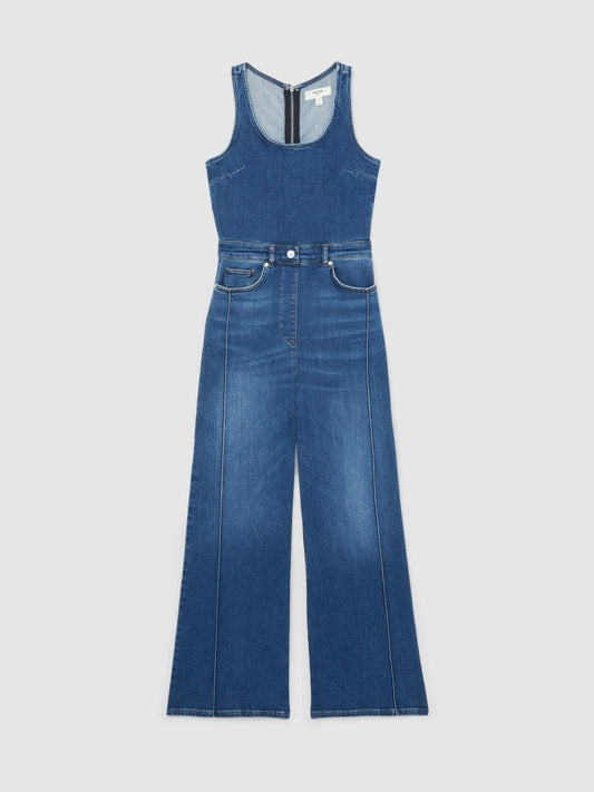 Wide-Leg Racer-Back Denim Jumpsuit Indigo | Womens