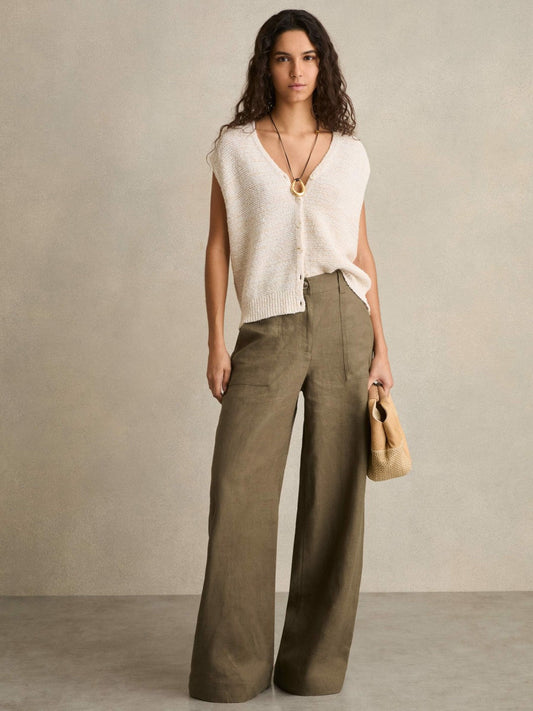 Linen Wide Leg Trousers Khaki | Womens
