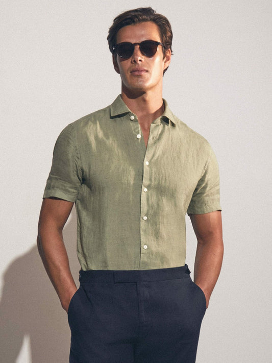 Slim Fit Linen Button-Through Shirt Thyme Green | Mens