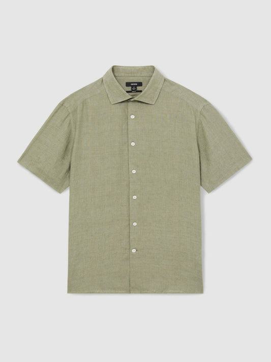 Slim Fit Linen Button-Through Shirt Thyme Green | Mens
