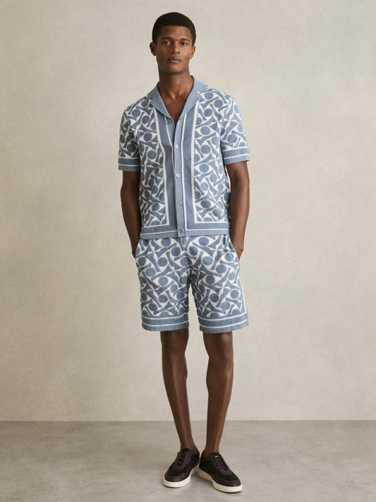Abstract-Pattern Towelling Shorts Soft Blue/White | Mens