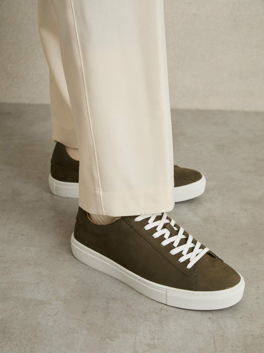 Nubuck-Leather Low-Top Trainers Olive Green | Mens