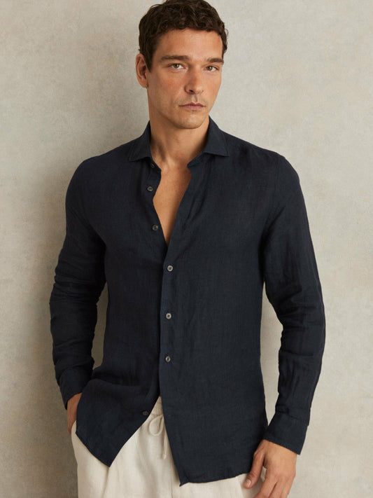 Linen Button-Through Shirt Navy | Mens
