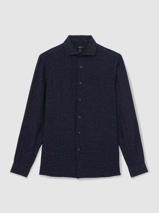 Linen Button-Through Shirt Navy | Mens
