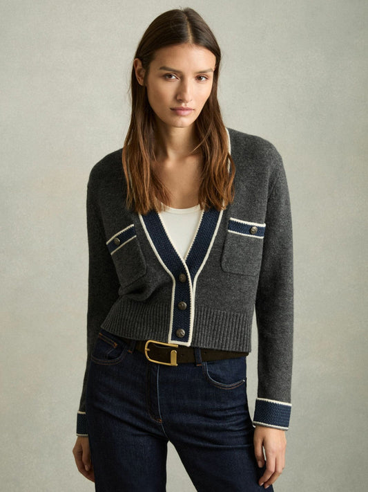 Wool-Cashmere Tipped V-Neck Cardigan Charcoal | Womens