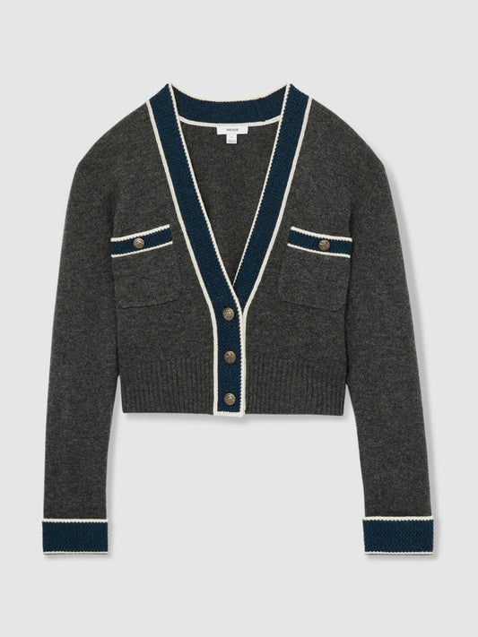 Wool-Cashmere Tipped V-Neck Cardigan Charcoal | Womens
