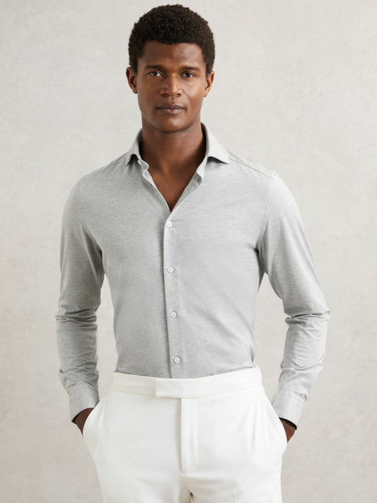 Cotton-Blend Jersey Cutaway-Collar Shirt Grey Melange | Mens
