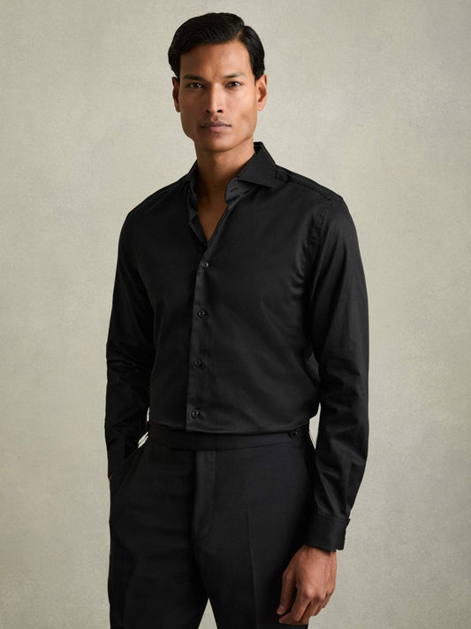 Regular Fit Slim-Fit Cotton Double-Cuff Shirt Black | Mens