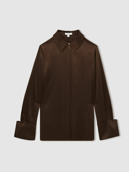 Silk Double-Cuff Button-Through Shirt Chocolate | Womens