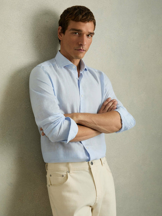 Linen Button-Through Shirt Pale Blue | Mens