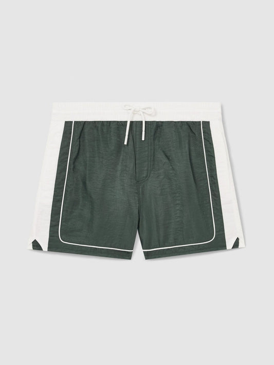 Colour-Block Piped-Trim Swim Shorts Dark Green/White | Mens