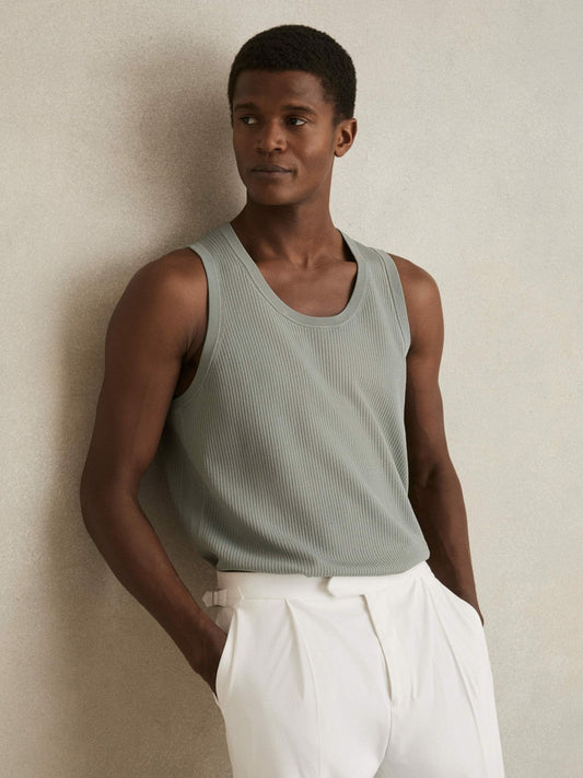 Textured Crew Neck Ribbed Vest Sage Green | Mens