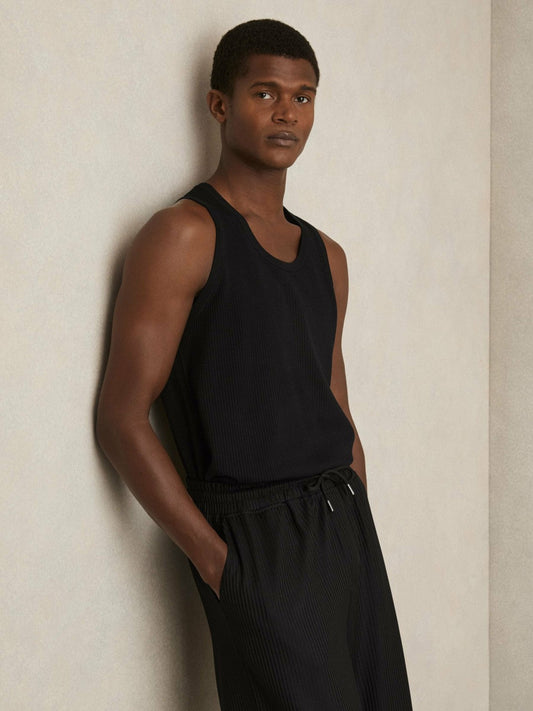 Textured Crew Neck Ribbed Vest Black | Mens