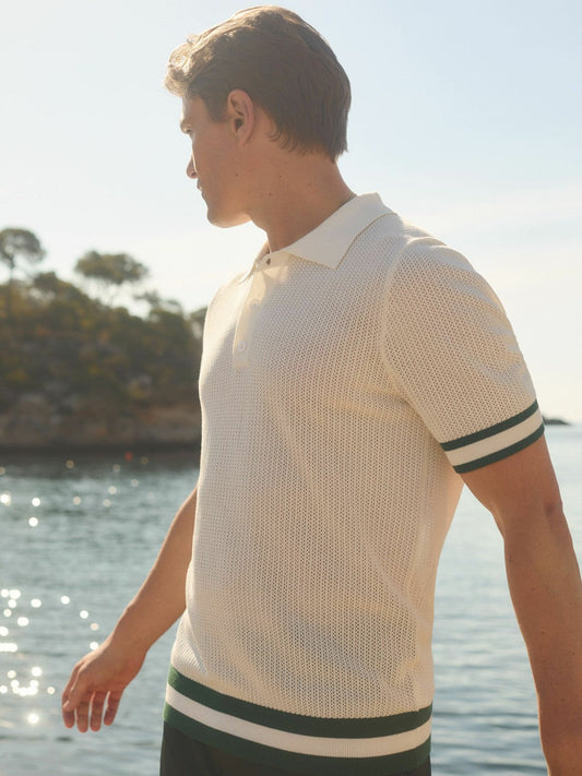 | Ché Knitted Half-Button Polo Shirt White | Mens