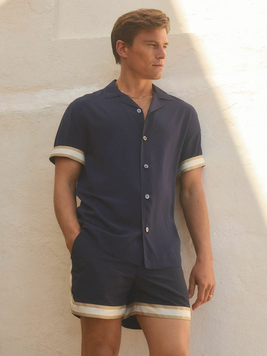 | Ché Cuff Detail Cuban Collar Shirt Navy | Mens