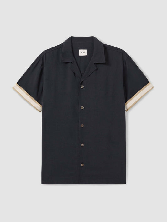 | Ché Cuff Detail Cuban Collar Shirt Navy | Mens