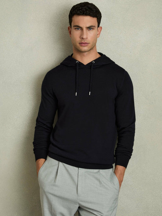Merino Wool Drawstring Hoodie Navy | Mens