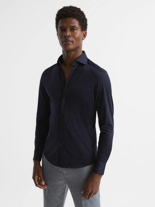 Cotton-Blend Jersey Cutaway-Collar Shirt Navy | Mens