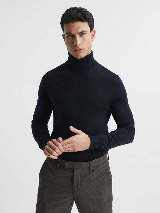 Slim Fit Merino Wool Roll Neck Jumper Navy | Mens
