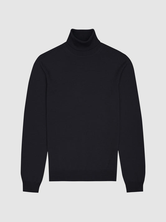 Slim Fit Merino Wool Roll Neck Jumper Navy | Mens