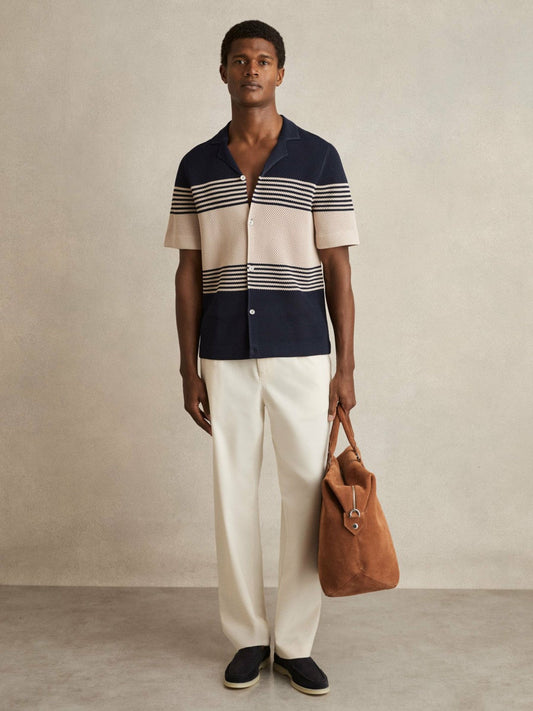 Stripe Textured-Knit Cuban-Collar Shirt Navy/Stone | Mens