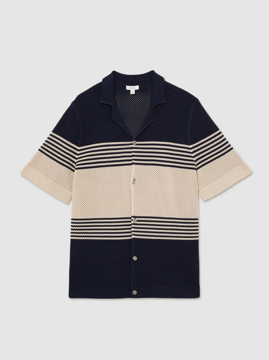 Stripe Textured-Knit Cuban-Collar Shirt Navy/Stone | Mens